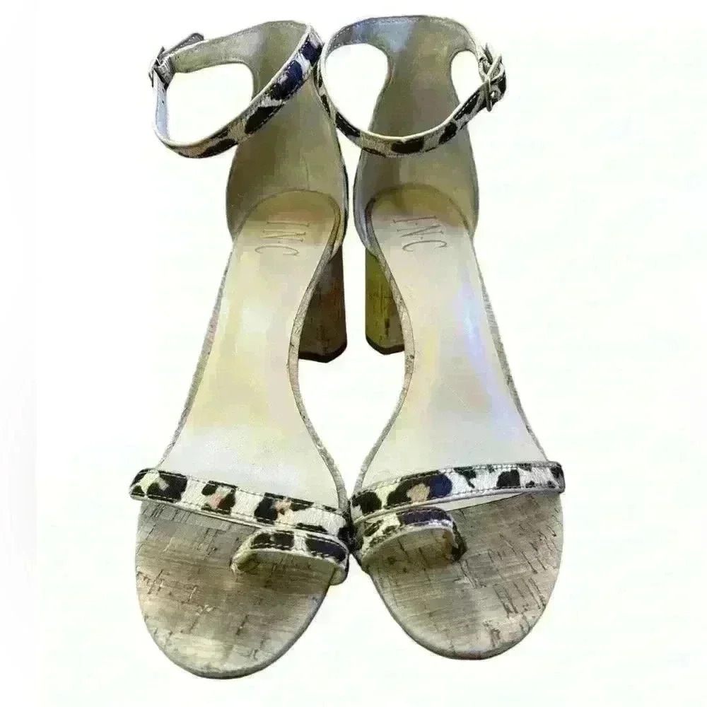 INC leopard, print heels sandals cork heel open toe sz 8.5 - Picture 2 of 3